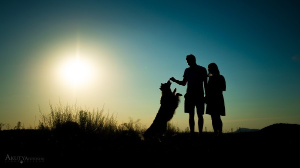 Sziluett portré egy kutyáról és két gazdiról naplementében